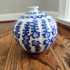 Vintage Porcelain Blue White Flow Round Asian Melon Ginger Jar Lid Chinoiserie
